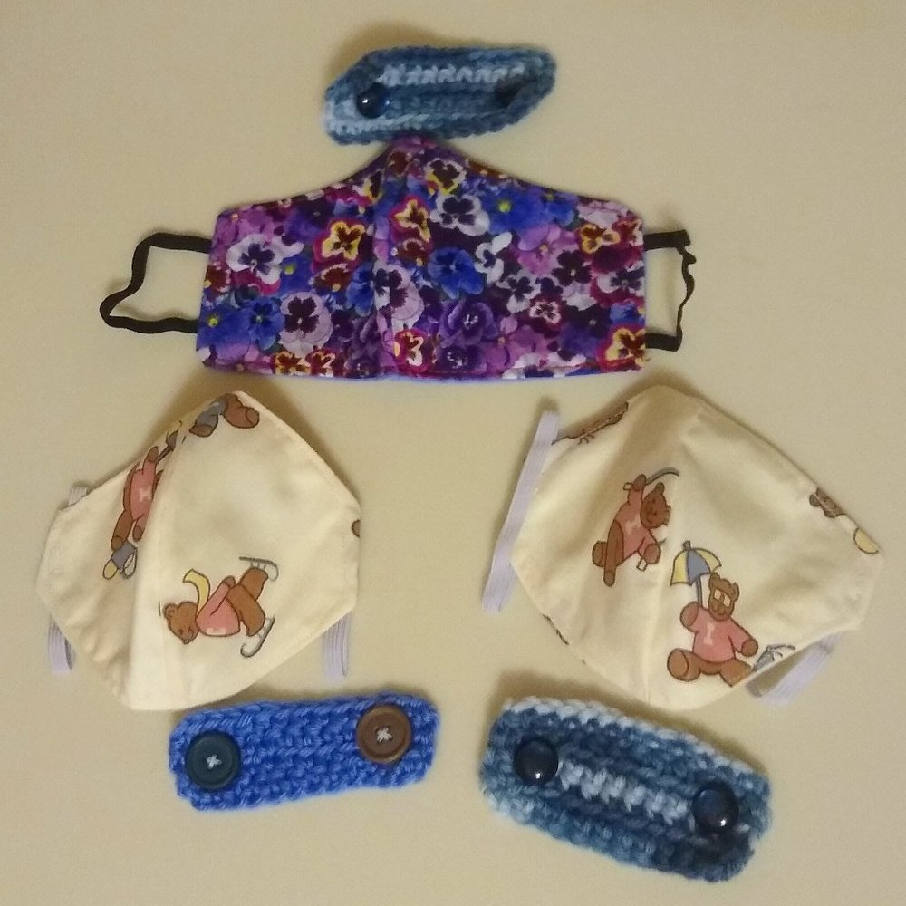 A Set of 3 Handmade Cloth Facial Masks for Children (w/ Crochet Extenders)